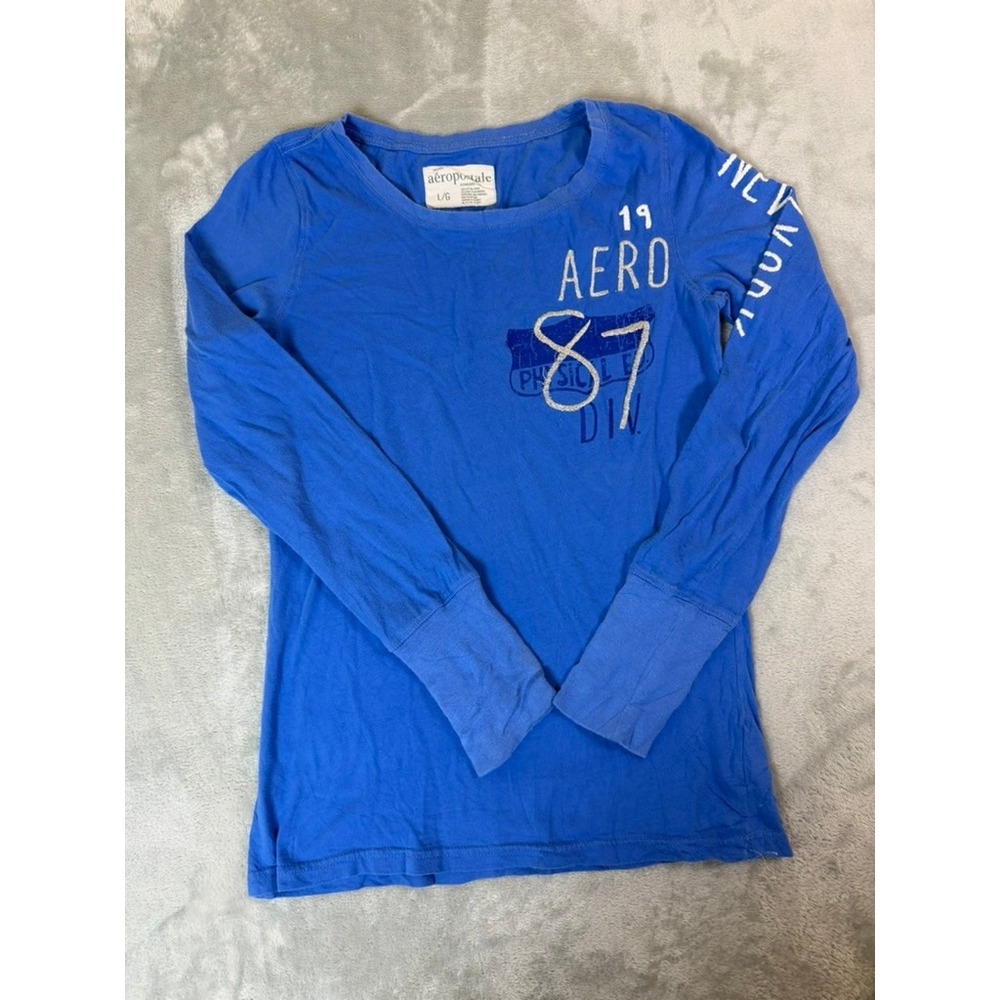 AEROPOSTALE Shirt Mens Large Blue Long Sleeve Aero 87 Graphic Cotton Logo Tee